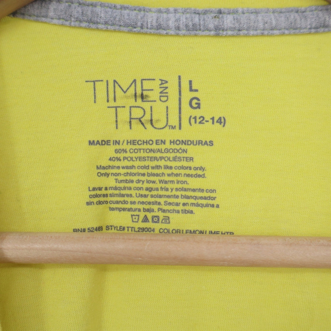 Time and Tru Womens Lemon Lime Yellow Short Sleeve Crewneck T-Shirt Size L 12-14