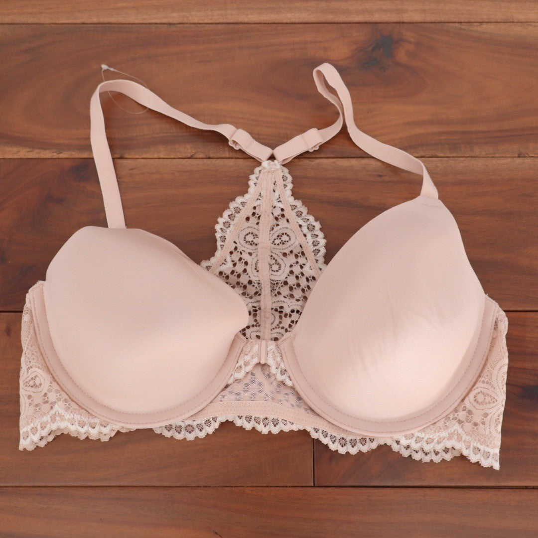 Natori Feathers Front Close T-Back Bra Nude Blush Lace Racerback Underwire 34B