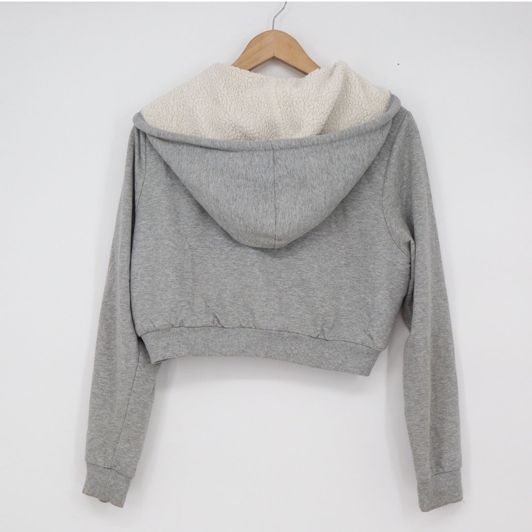 Ambiance Womens Gray Cropped Sherpa Lined Zip Up Hoodie Sweatshirt Large