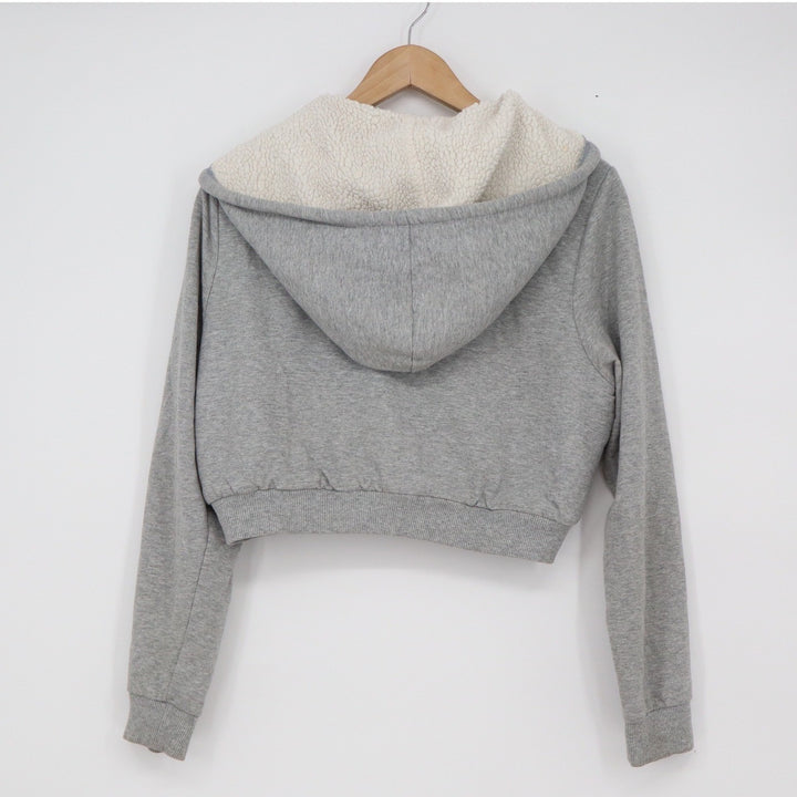 Ambiance Womens Gray Cropped Sherpa Lined Zip Up Hoodie Sweatshirt Large