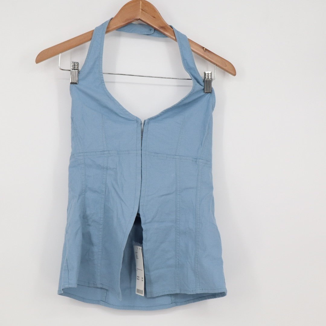 Urban Outfitters UO Sari Vest Women S Ashleigh Blue Linen Hook & Eye Halter Neck