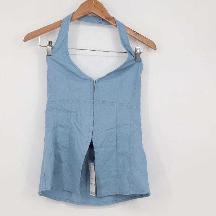 Urban Outfitters UO Sari Vest Women S Ashleigh Blue Linen Hook & Eye Halter Neck