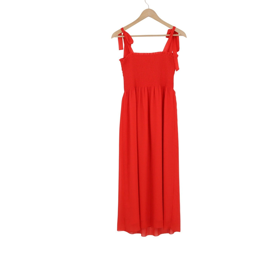 Wilfred Aritzia Red Smocked Tie Shoulder Midi Dress Medium