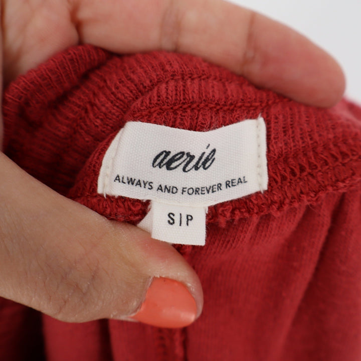 Aerie Womens Red Slub Knit Lounge Shorts Smocked Drawstring Waist Small Pockets