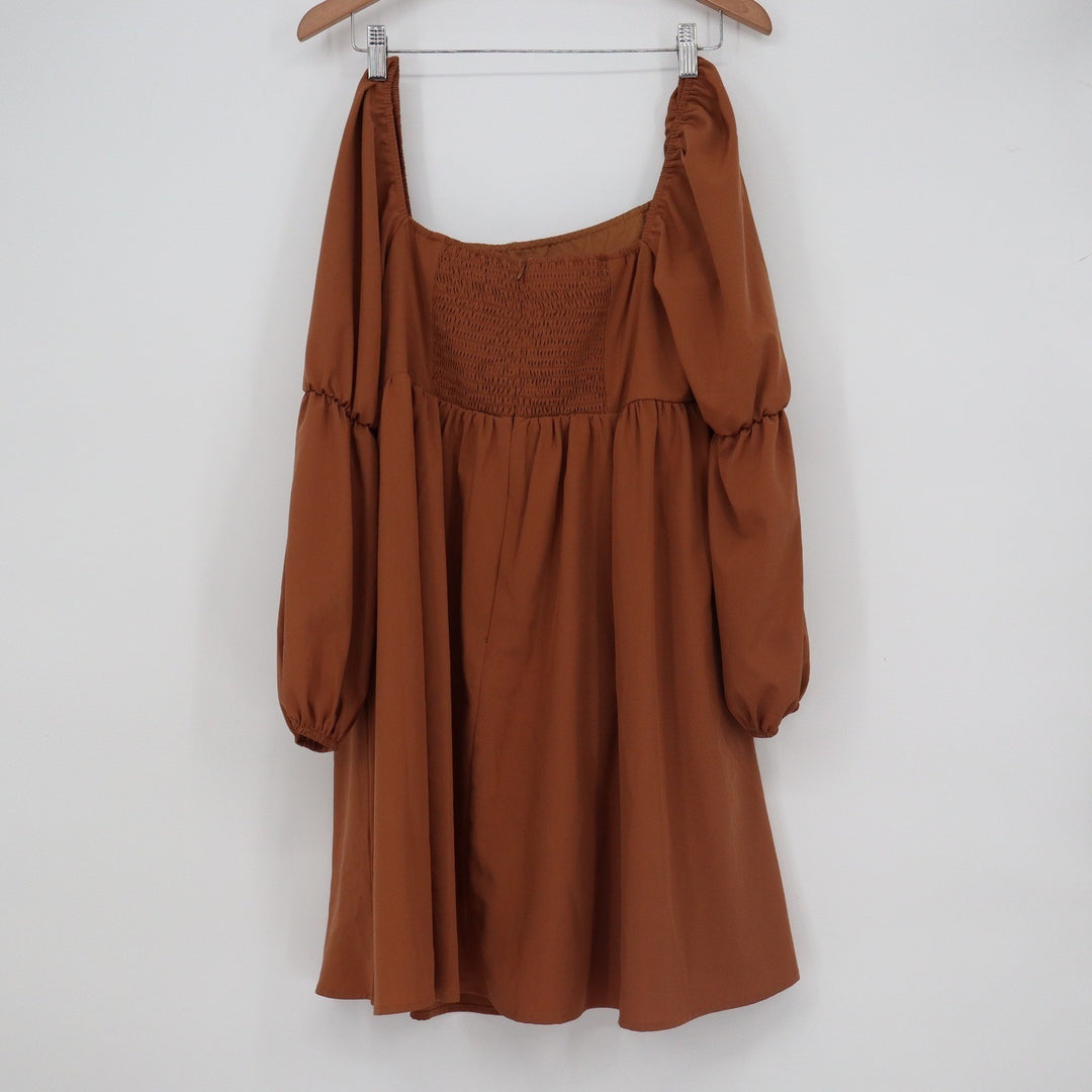 Rust Brown Lantern Sleeve Babydoll Mini Dress Square Neck Smocked Back XL