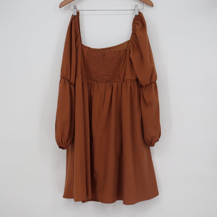 Rust Brown Lantern Sleeve Babydoll Mini Dress Square Neck Smocked Back XL