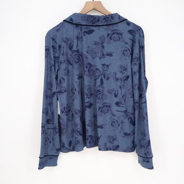 Roudelain Pajama Shirt Womens Large Blue Floral Ribbed Stretch Lapel Collar