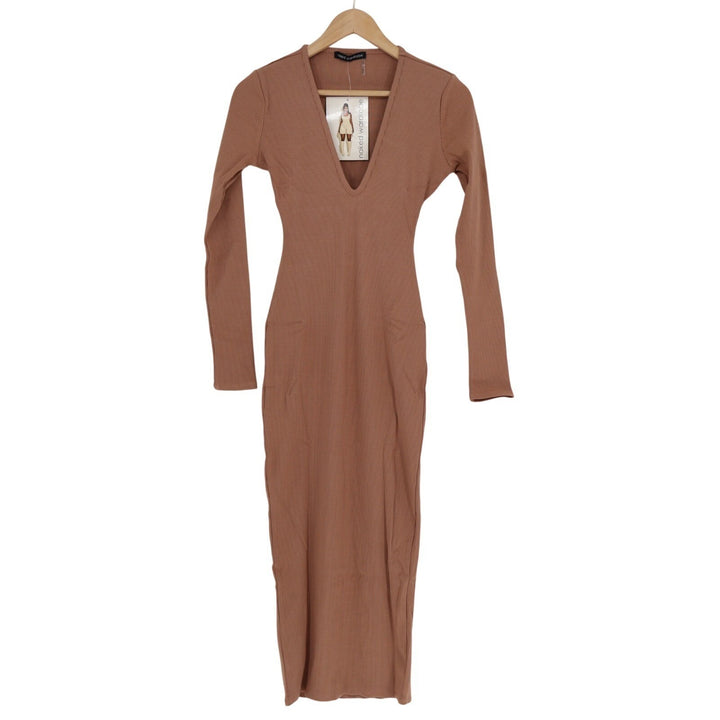 Naked Wardrobe Bodycon Dress Womens Small Brown Knit V-Neck Long Sleeve Ribbed