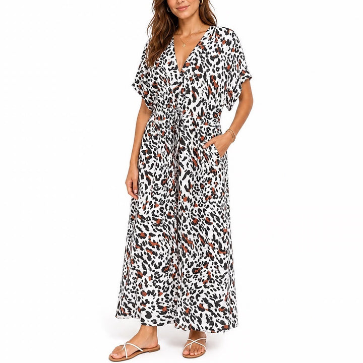 Leopard Animal Print Maxi Dress V-Neck Drawstring Waist Short Sleeve XL