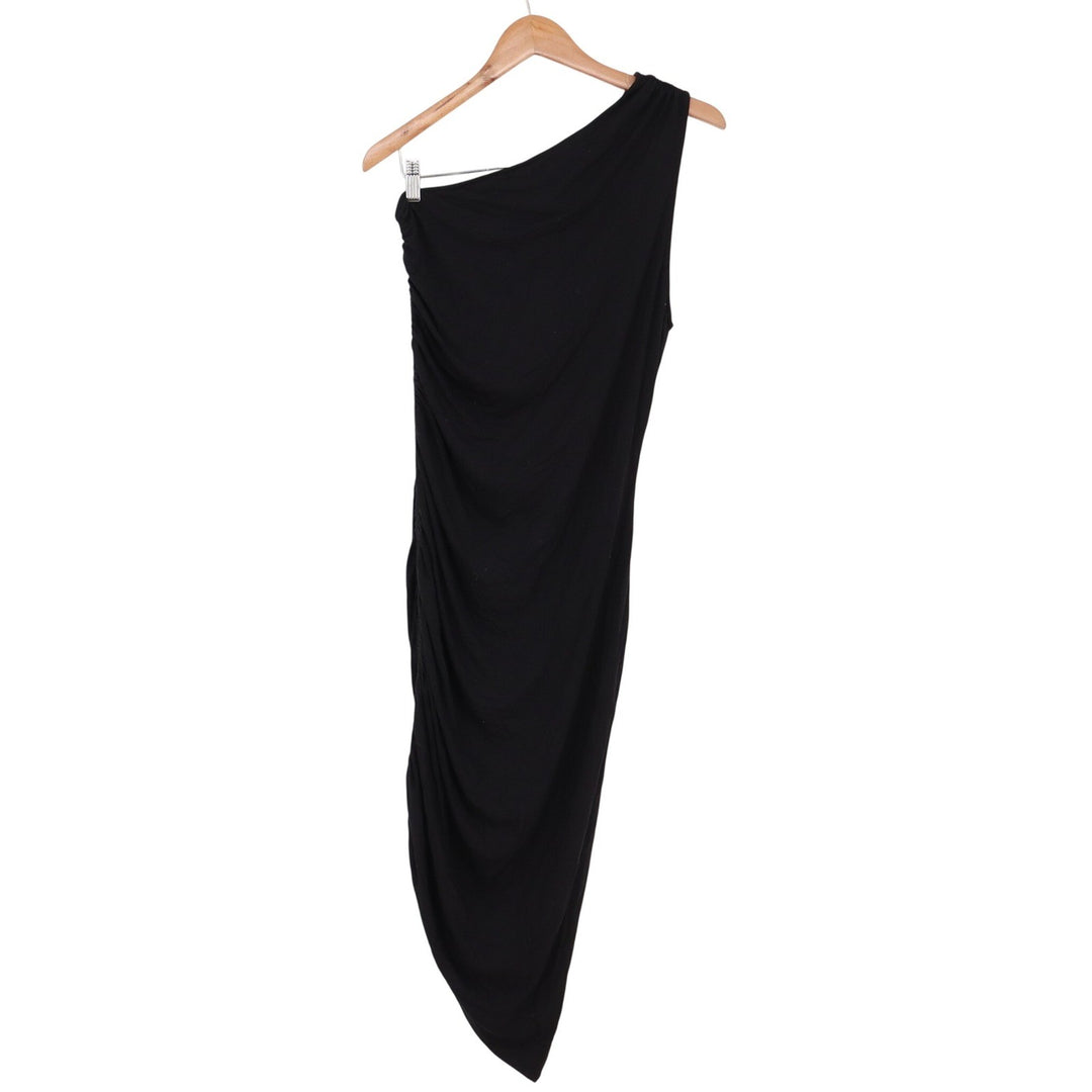 A New Day Dress Womens M One Shoulder Ruched Midi Black Asymmetrical NEW