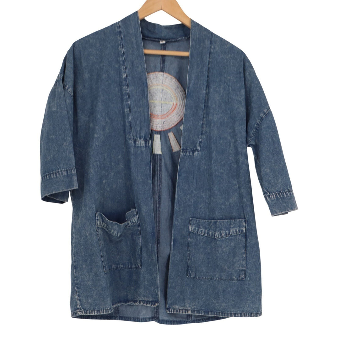 Womens Denim Kimono Jacket XL Blue Cotton Sun Embroidered Acid Wash Open Front