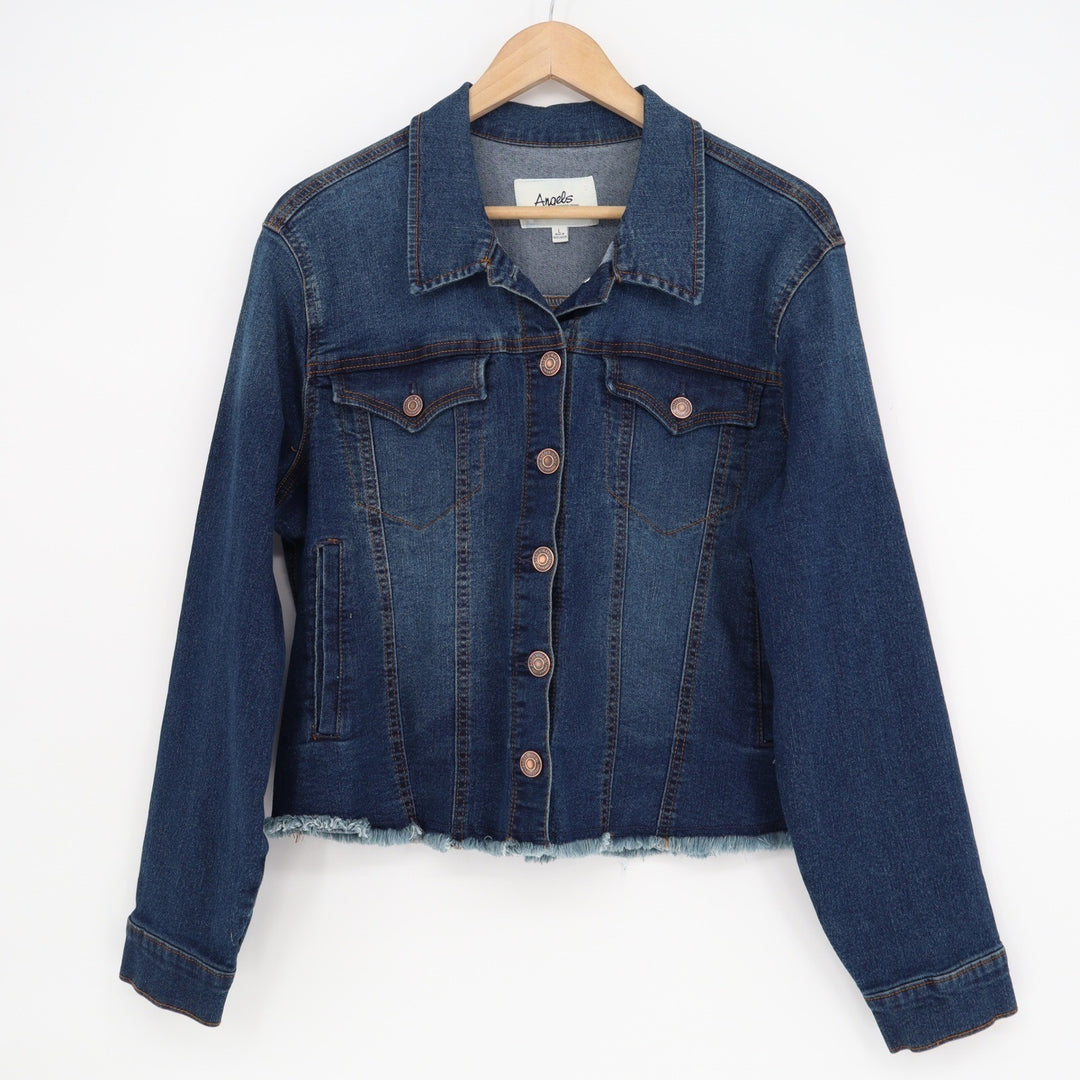 Angels Forever Young Womens Dark Wash Frayed Hem Denim Trucker Jacket Large Blue