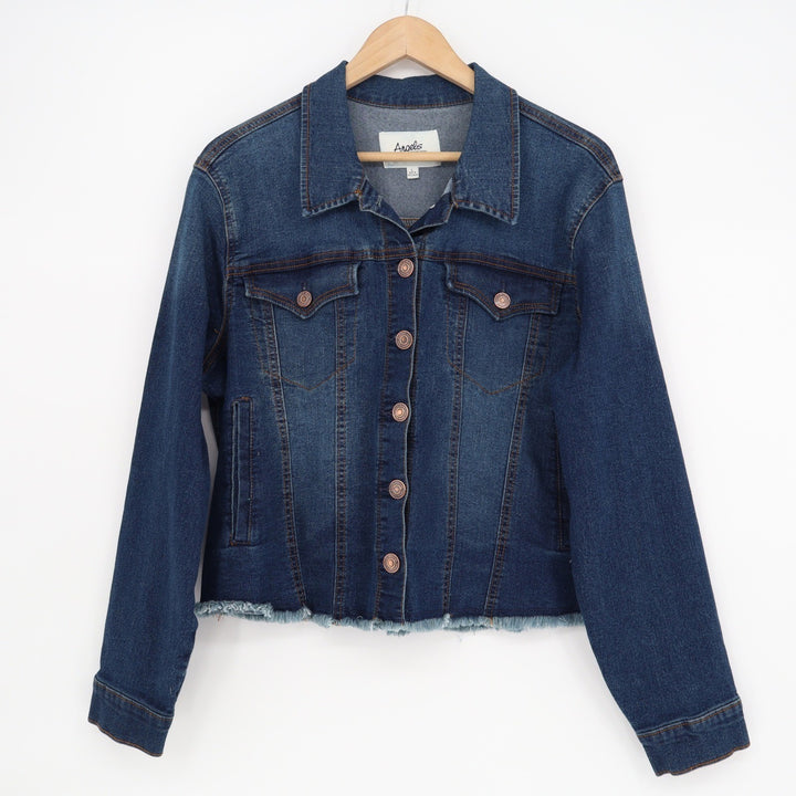 Angels Forever Young Womens Dark Wash Frayed Hem Denim Trucker Jacket Large Blue