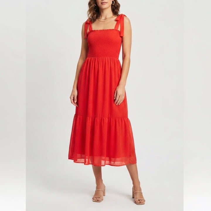 Wilfred Aritzia Red Smocked Tie Shoulder Midi Dress Medium