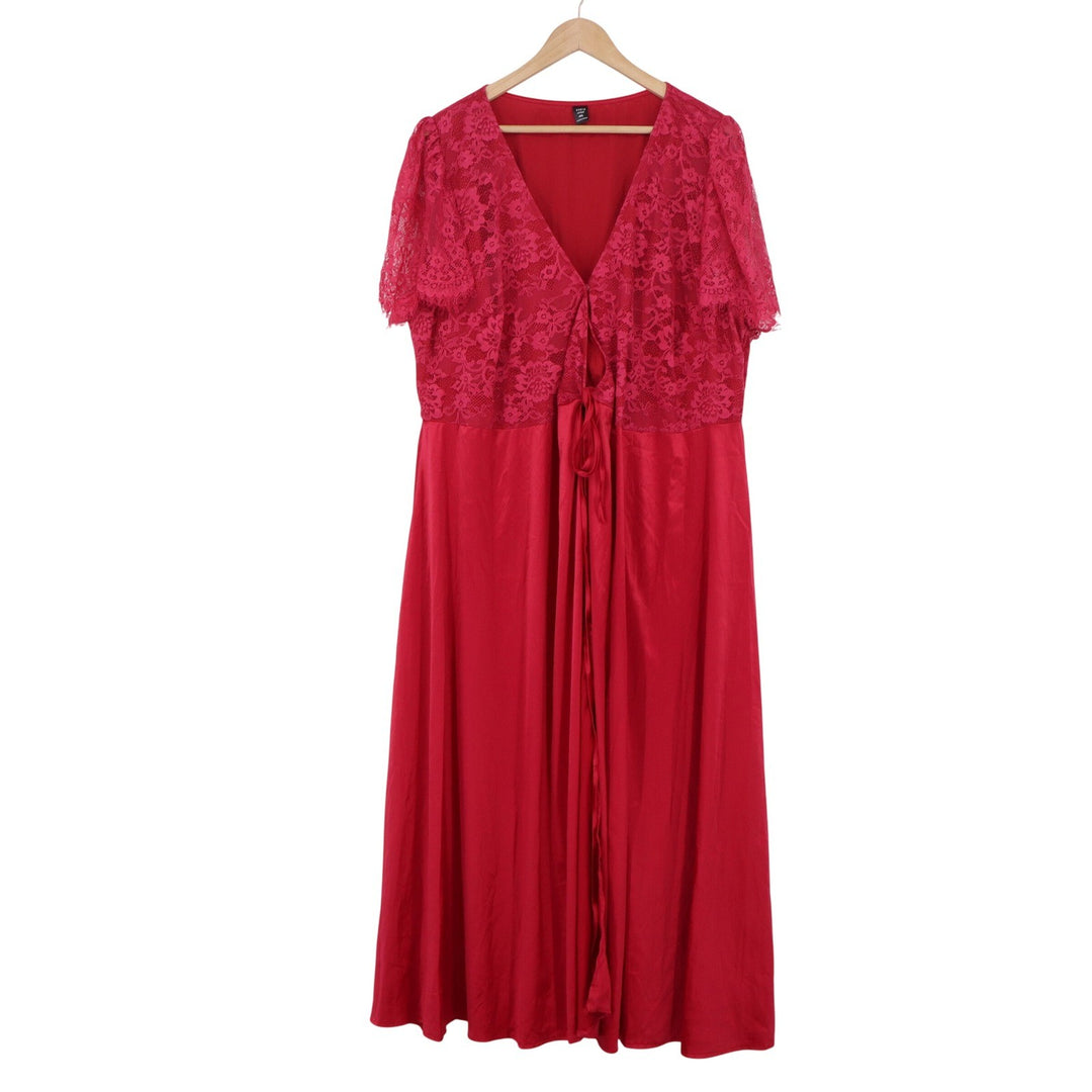 Shein Curve Red Satin Floral Lace Tie Front Maxi Nightgown Robe Plus Size 4XL