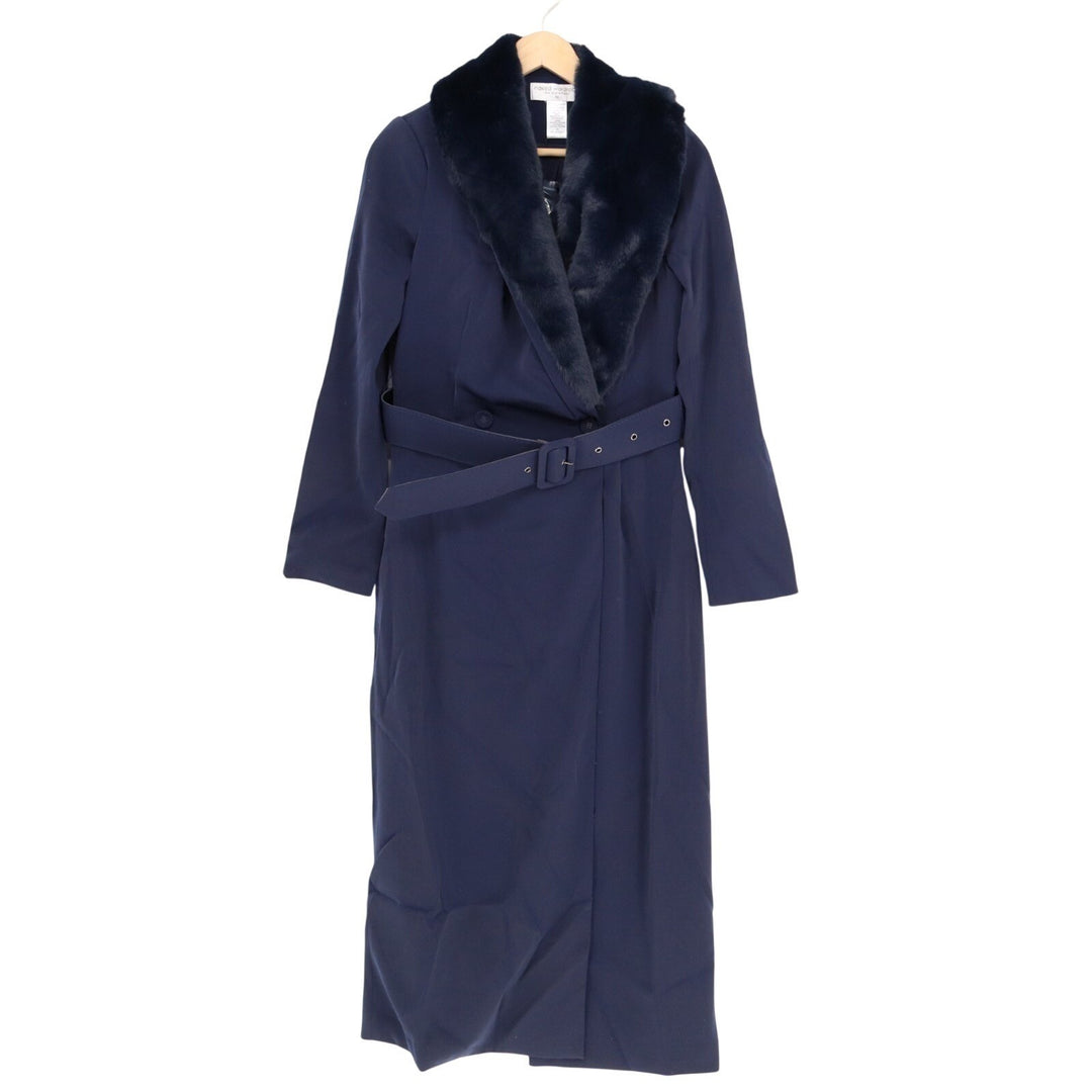 Naked Wardrobe The Statement Trench Coat Womens XS Navy Fur Shawl Collar Stretch