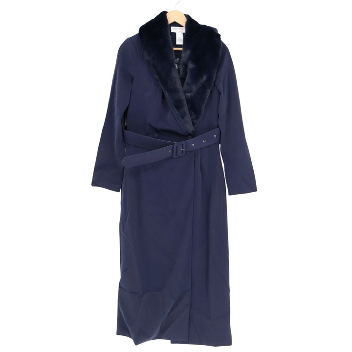 Naked Wardrobe The Statement Trench Coat Womens XS Navy Fur Shawl Collar Stretch