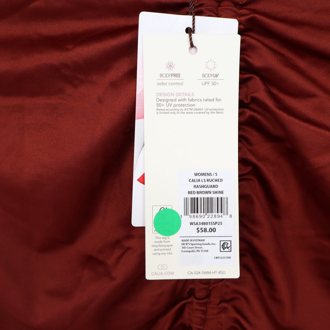 CALIA Womens Ruched Long Sleeve Rashguard Red Brown Shine UPF 50+ Small