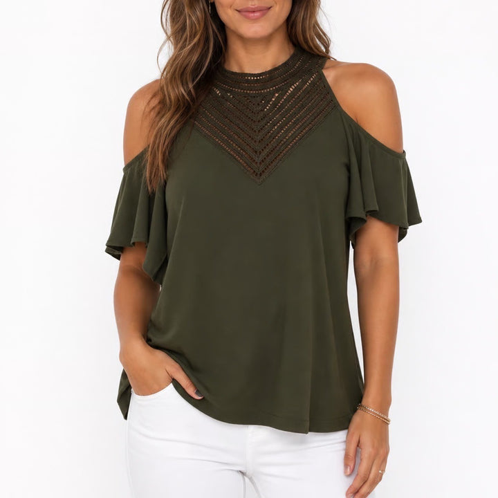 Perception Concept Olive Green Cold Shoulder Crochet Lace High Neck Top XL