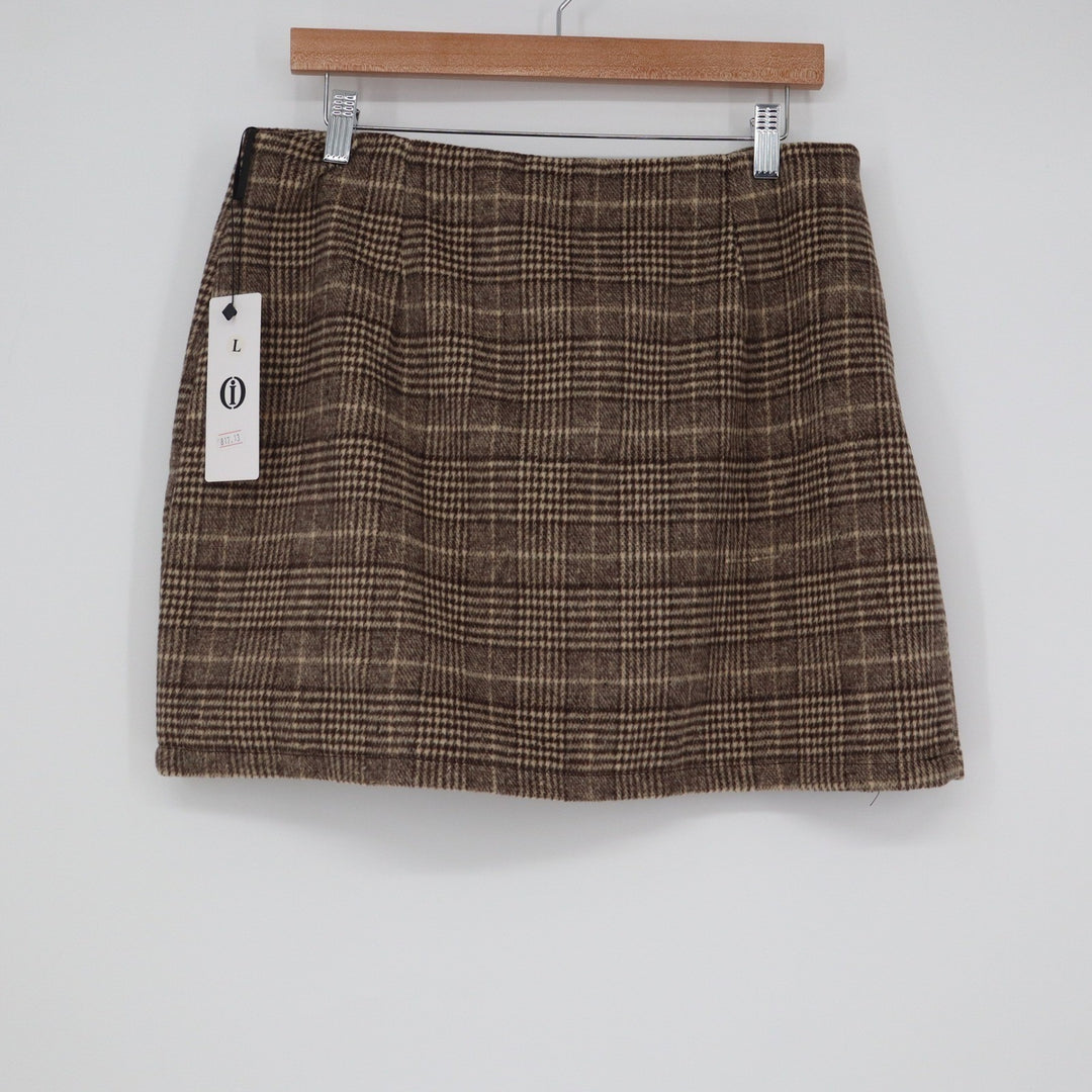 Cider Brown Plaid Wool Blend Mini Skirt L Glen Check A-Line