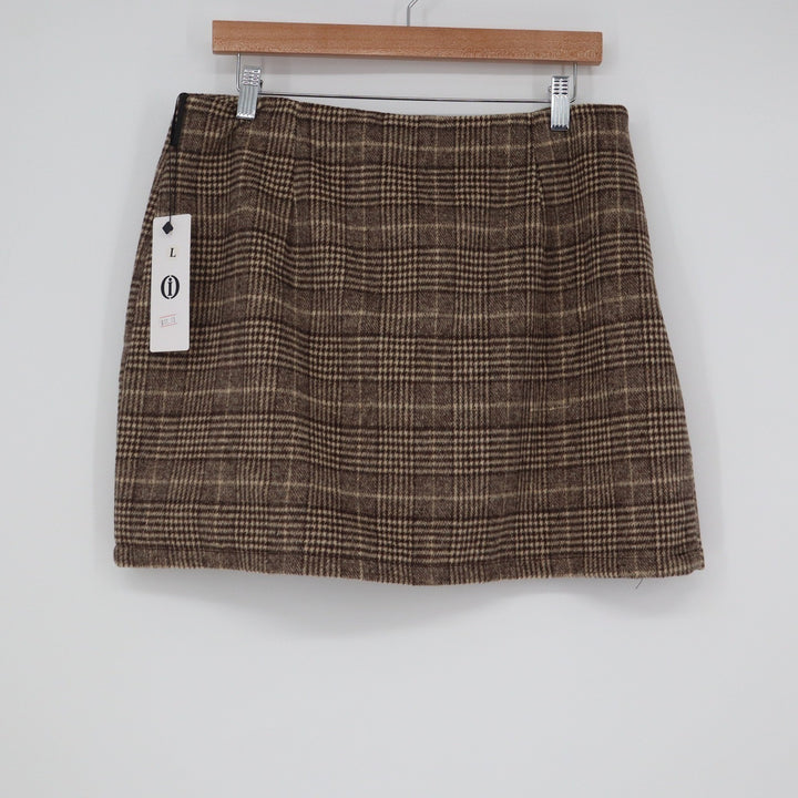 Cider Brown Plaid Wool Blend Mini Skirt L Glen Check A-Line