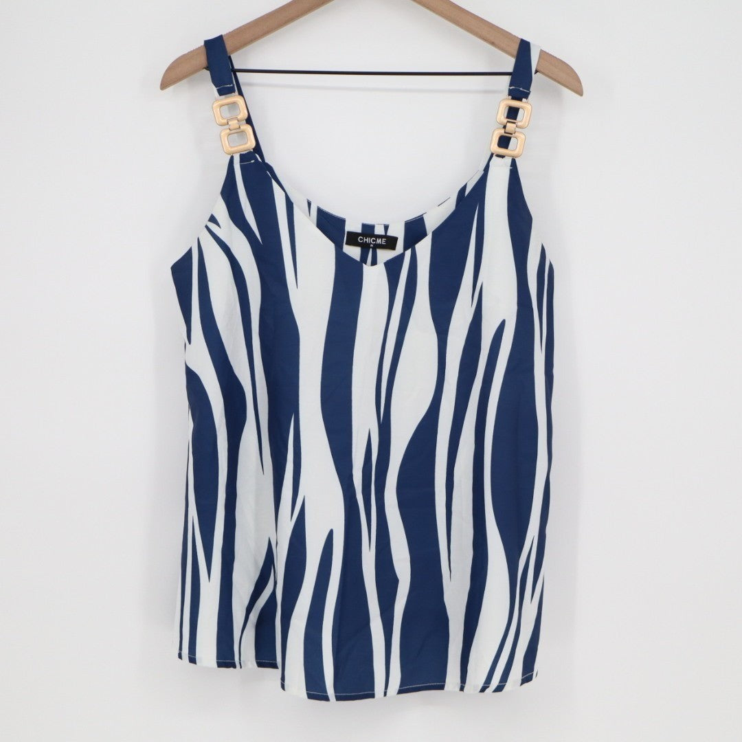 Chicme Cropped Top Womens Medium Blue White Zebra Print Scoop Neck Sleeveless