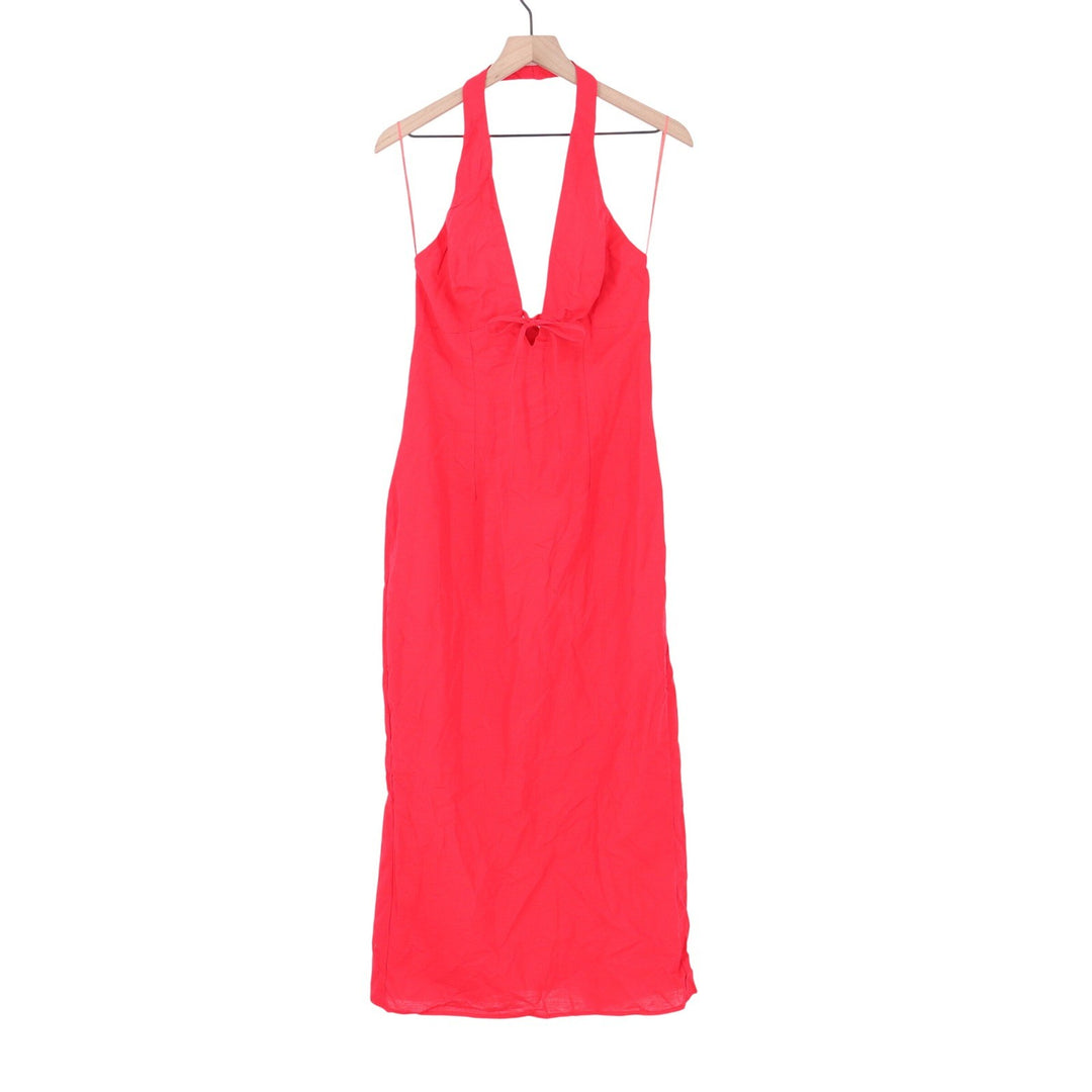 Showpo Lyla Red Linen Blend Halter Plunge Tie Front Midi Dress US 8