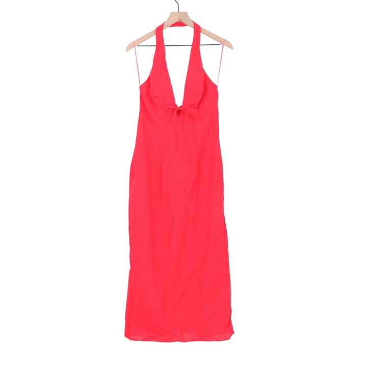 Showpo Lyla Red Linen Blend Halter Plunge Tie Front Midi Dress US 8