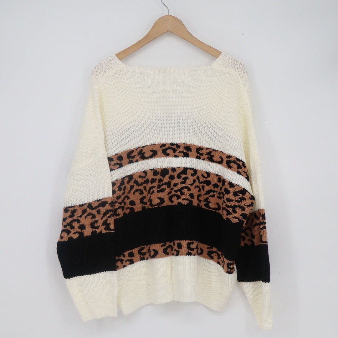 Shein Curve 2XL Leopard Print Colorblock V-Neck Sweater White Black Brown