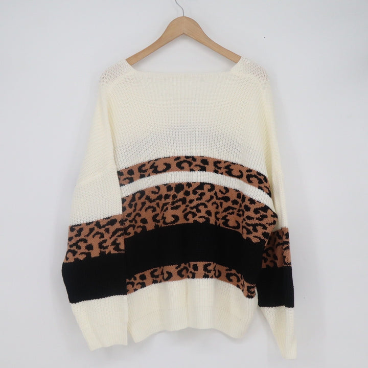 Shein Curve 2XL Leopard Print Colorblock V-Neck Sweater White Black Brown