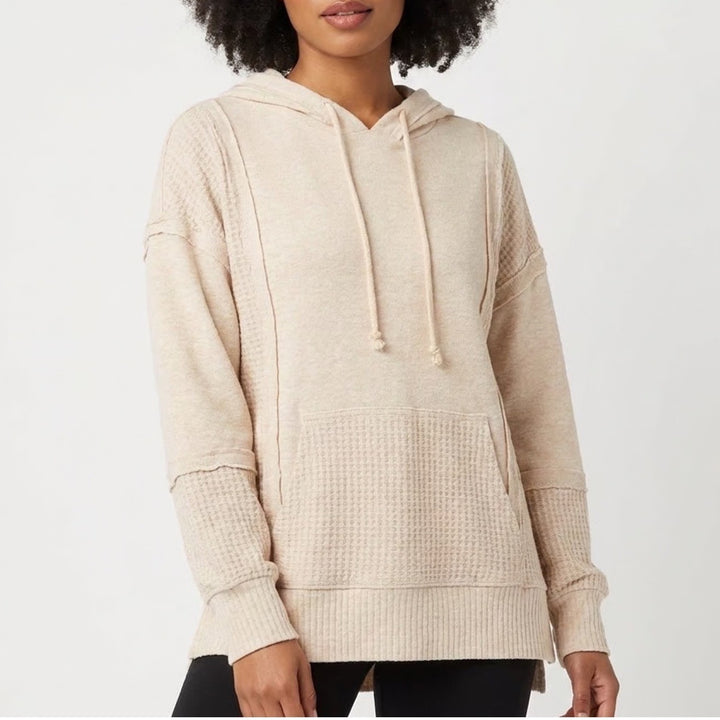 Time And Tru Hoodie Womens Large(12-14) Beige Waffle Knitted Kangaroo Pockets