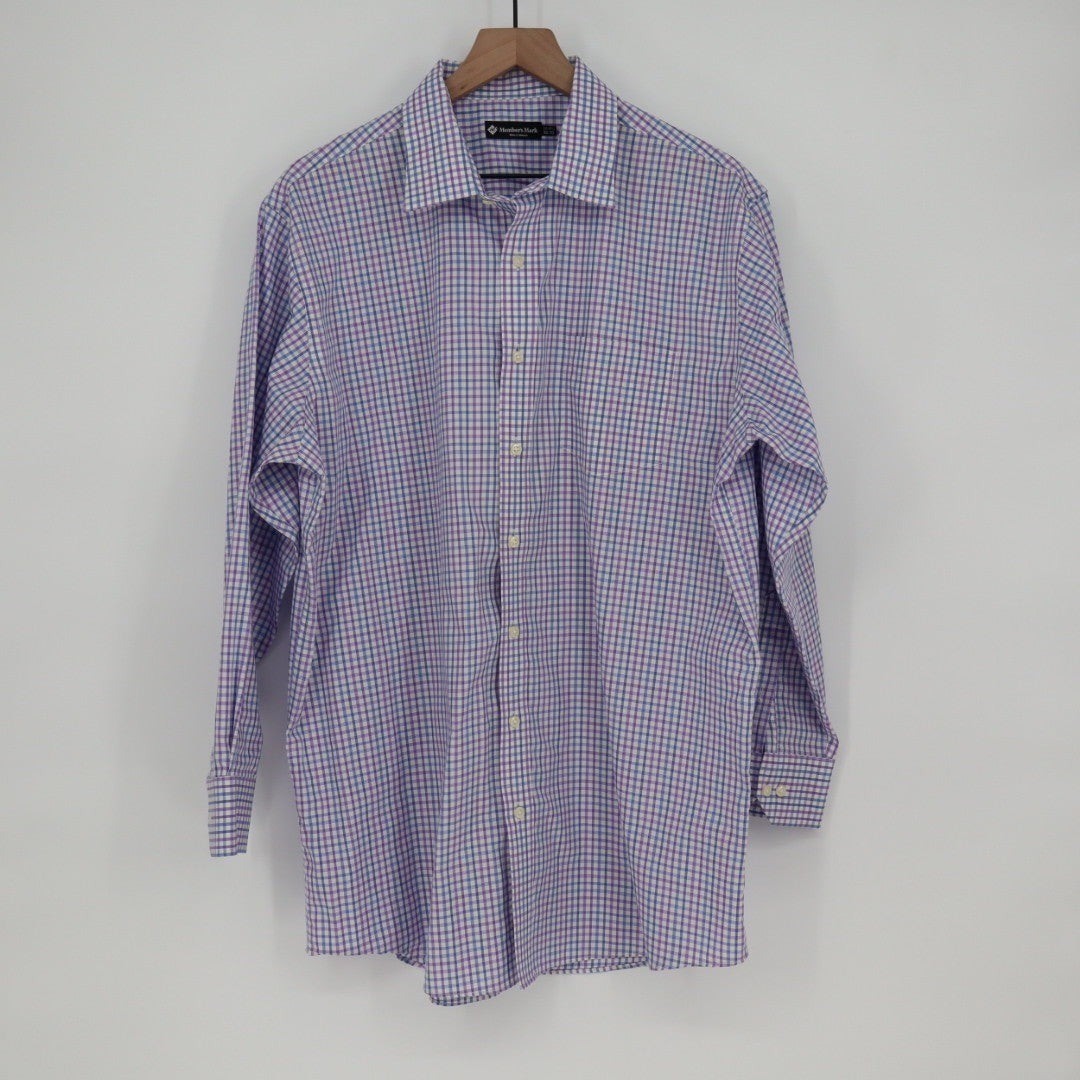 Members Mark Mens XL Purple Blue Plaid Long Sleeve Button Down Shirt