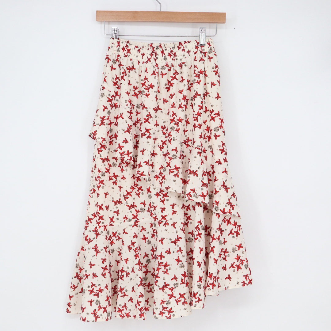 T.P Products Red Bird Print Tiered Ruffle Midi Skirt Cream Size Small Elastic