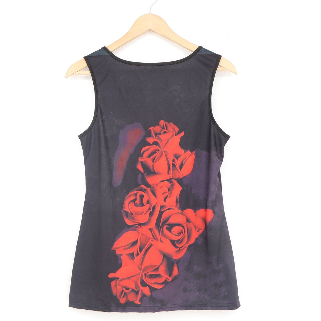 Red Rose Graphic Tank Top Grommet Shoulder Detail Black Purple Floral Size M