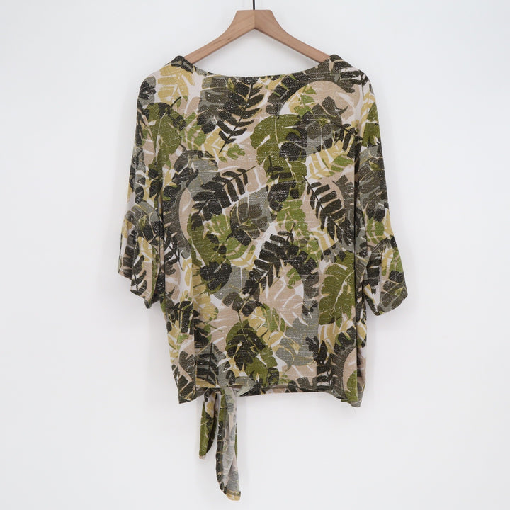 Ruby Rd. Top Women 2X Tropical Tie-Front Green Palm Leaf Embellished Excellent