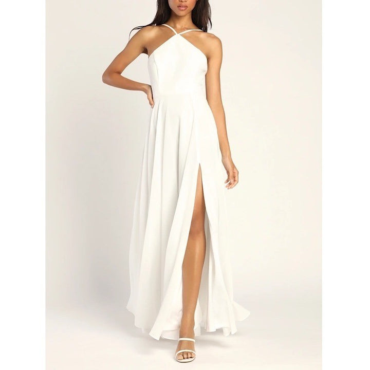 Lulus Midi Dress Womens XS White Pleated Back Zip Side Slit Spaghetti Strap
