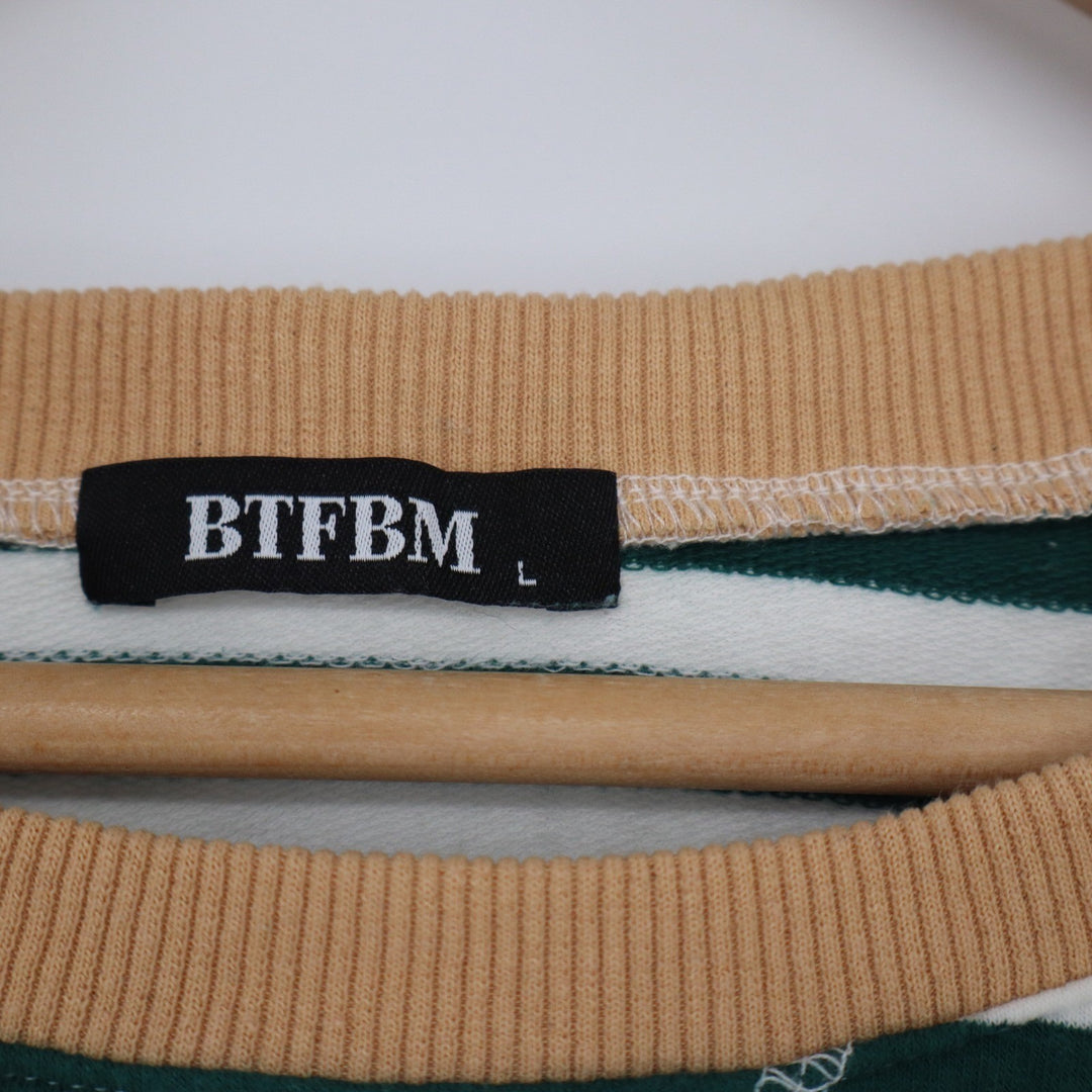 BTFBM Green White Striped Crewneck Sweatshirt Large Tan Trim