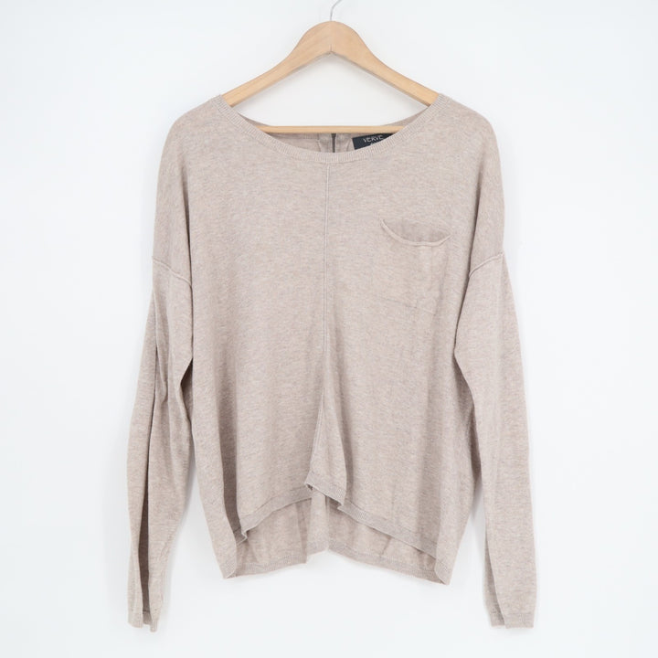 Verve Ami Sweater Womens Large Beige Cotton Knit Front Pocket Back Zip Pullover