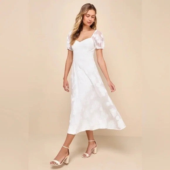 Lulus Sweetest Behavior White Embroidered Puff Sleeve Midi Dress Size S