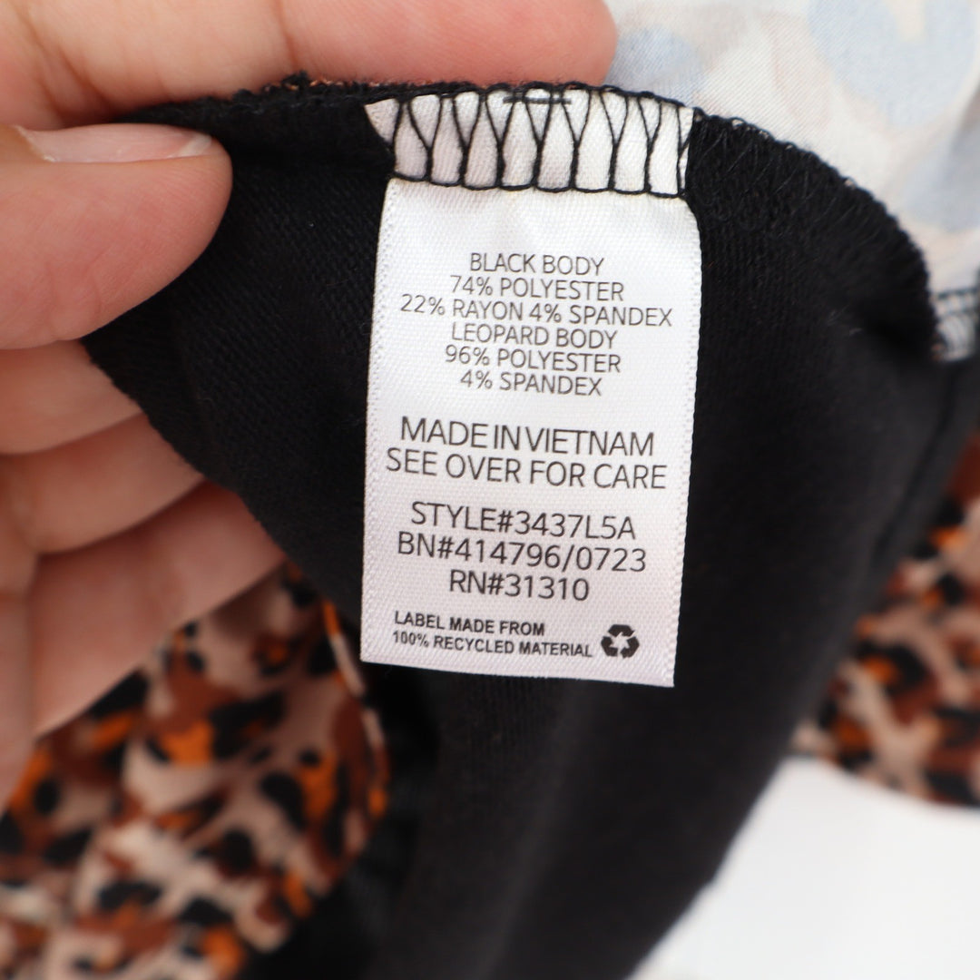 AGB Top Womens 1X Black Leopard Print Quarter Zip Mixed Media NEW