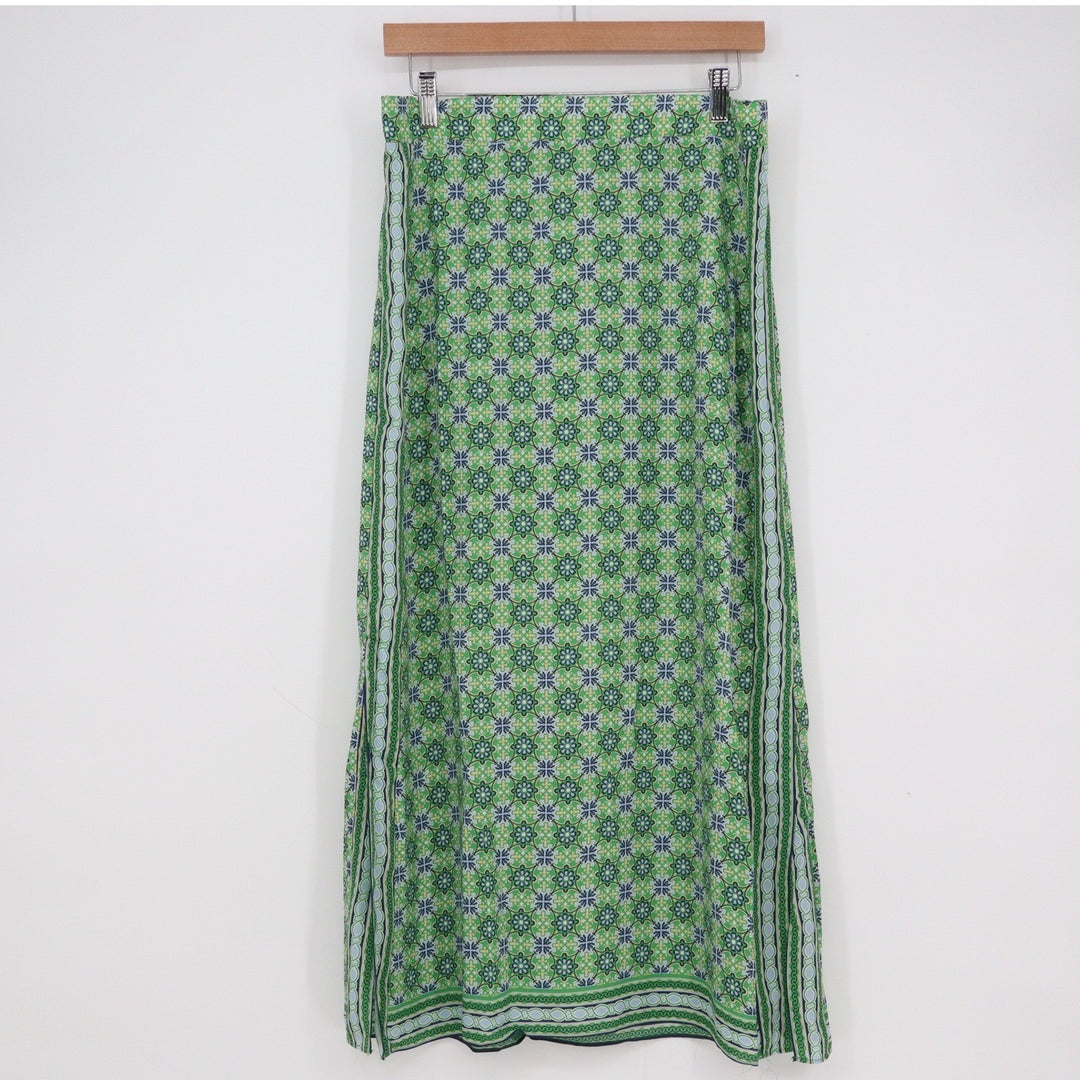 Max Studio Green Geometric Tile Print Maxi Skirt Side Slits Size M
