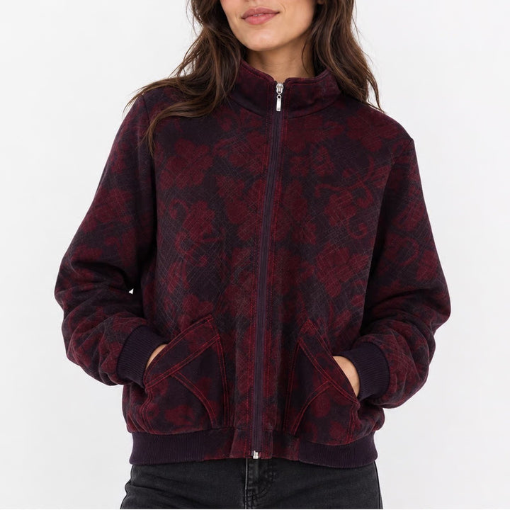 Haohua Burgundy Floral Damask Full Zip Mock Neck Jacket Womens XXXL