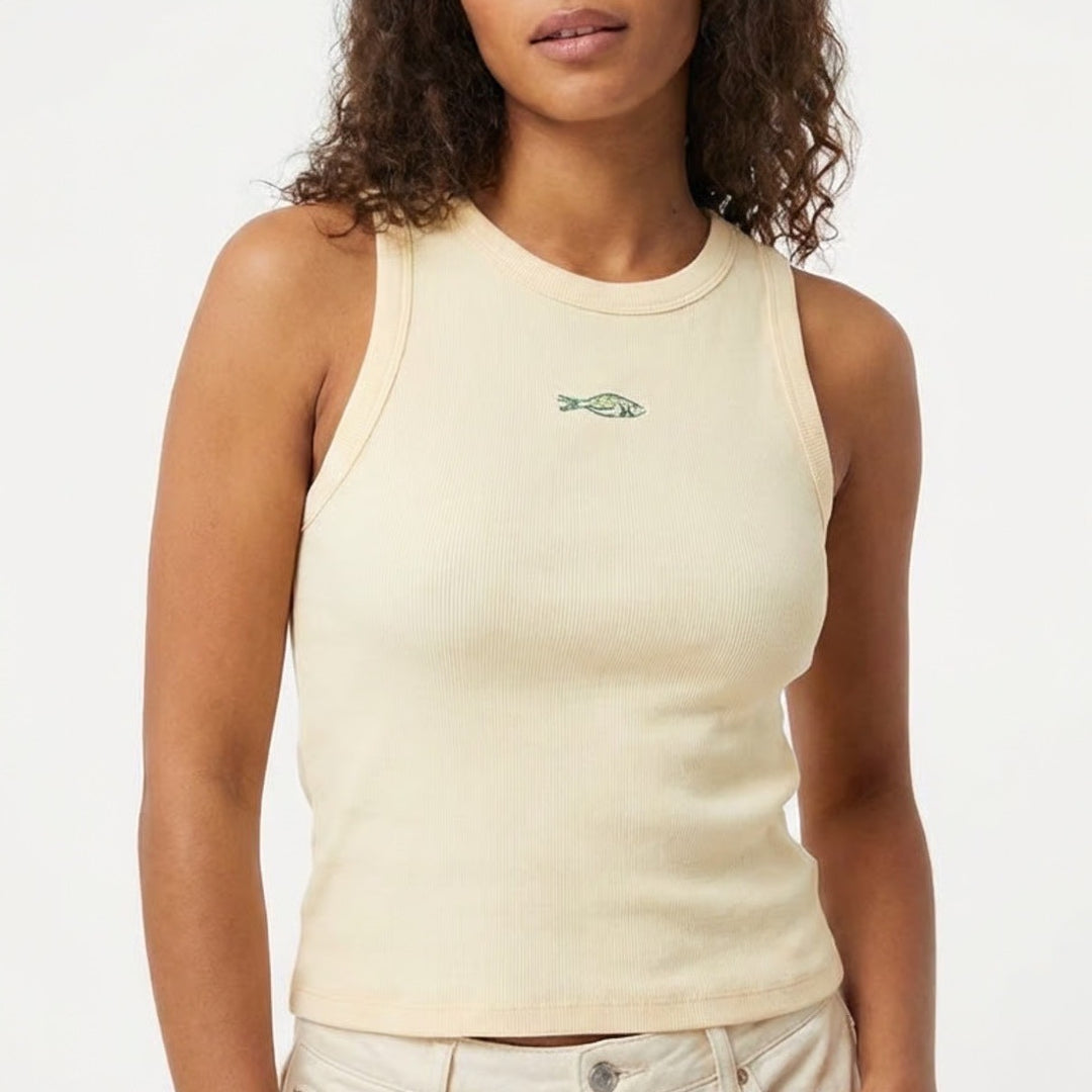 A New Days Cami Tank Top Womens XL Beige Knitted Ribbed Round Neck Yoga Running