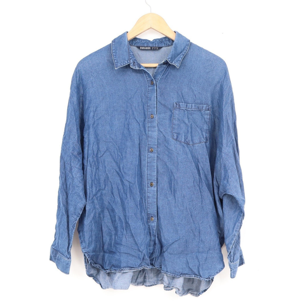 Zara Basic Z1975 Denim Shirt Blue Lyocell Button Down Long Sleeve Small