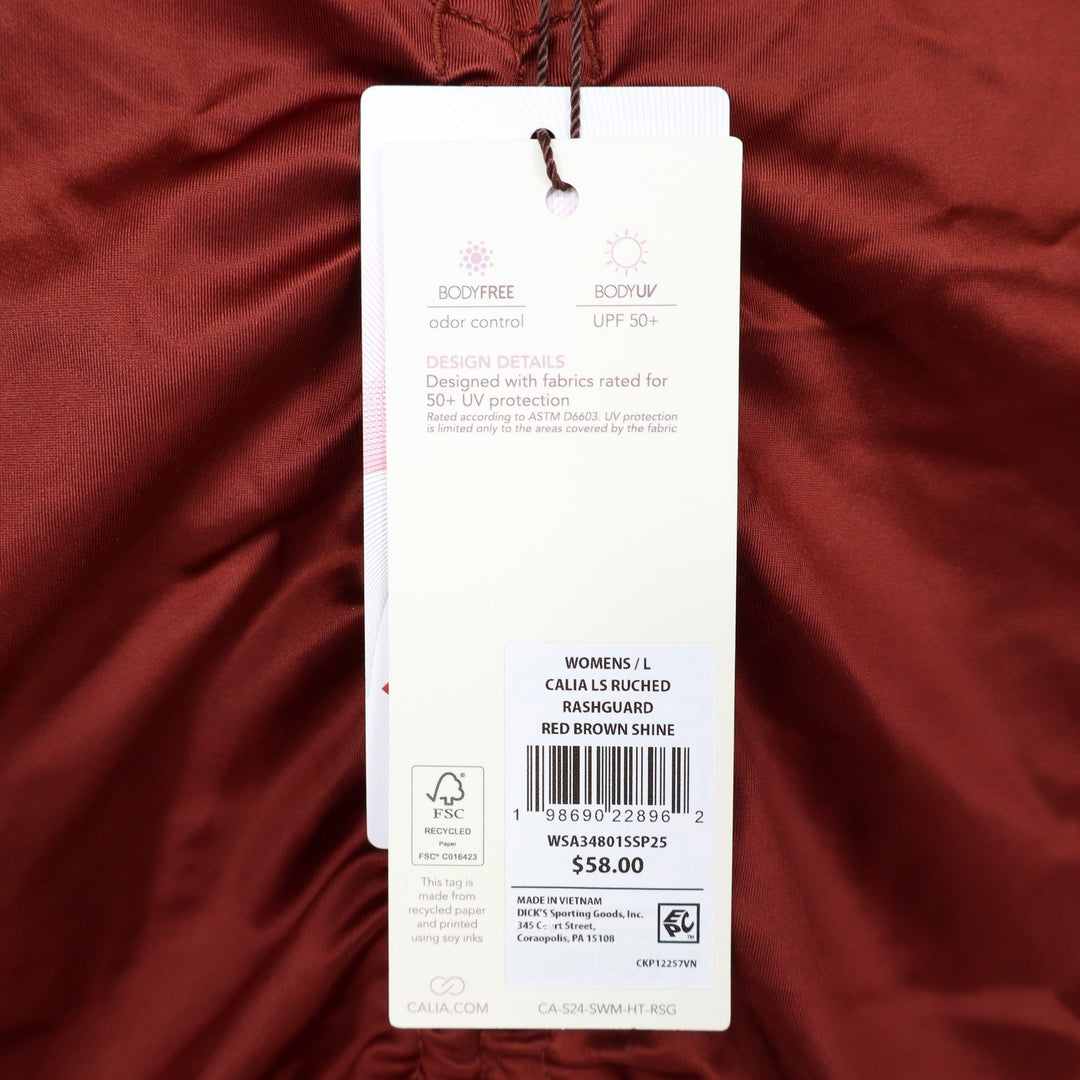 Calia Womens Ruched Long Sleeve Rashguard Red Brown Shine UPF 50+ L