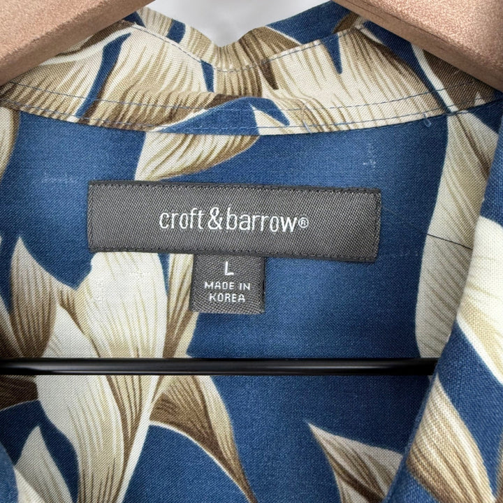 Croft & Barrow Mens Blue Tropical Leaf Print Short Sleeve Button Up Shirt Size L
