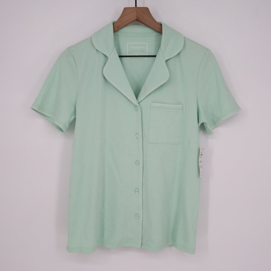 Charter Club Intimates Pajama Shirt Womens XS Green Lapel Collar Short Sleeve