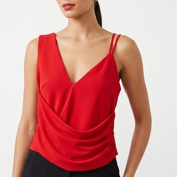Cropped Top Womens Large Red Stretch Cowl Neck Sleeveless V-Neck Pullover