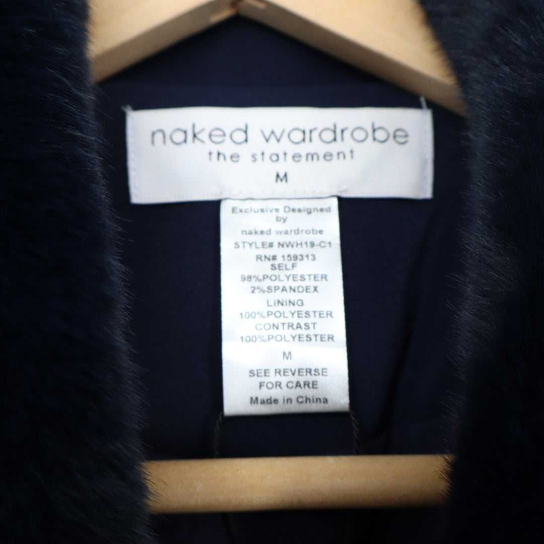 Naked Wardrobe The Statement Trench Coat Womens M Navy Stretch Fur Shawl Collar