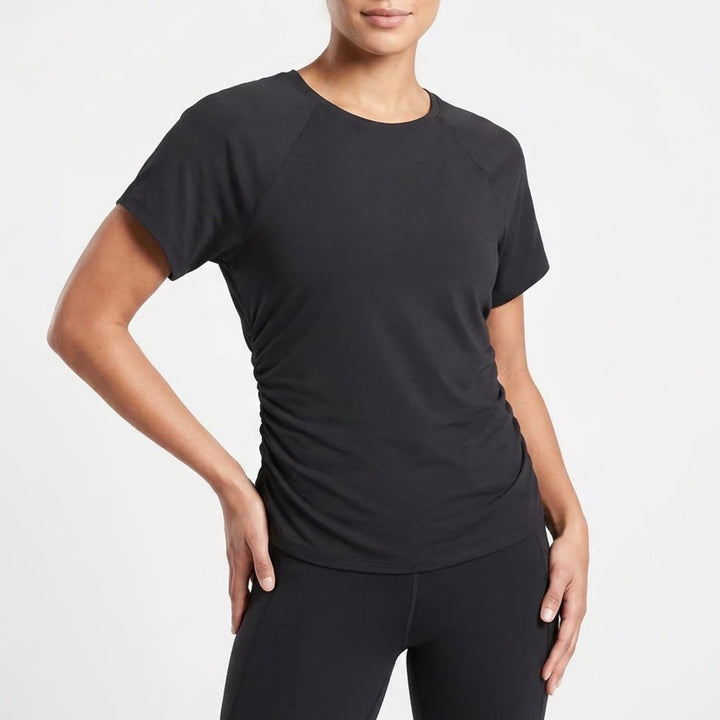 Athleta T-Shirt Women Medium Black Nylon Ruched Raglan Short Sleeve Crew Neck